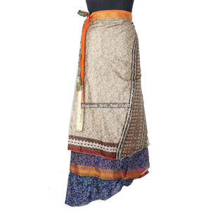 New India Vintage Silk Sari Beach Wear Wrap <b>Skirt</b> Women Wear Vintage Silk Sari <b>Long</b> Length Wrap Around <b>Skirt</b> 2 Layer Reversible - Product Image 1