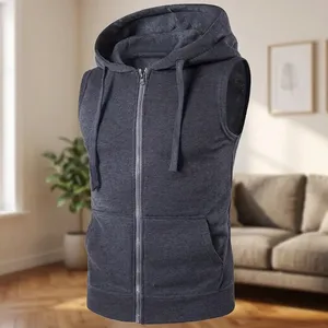 Chaleco con capucha sin mangas para hombre, color gris, con cremallera y bolsillo tipo canguro, para ropa urbana y actividades al aire libre - Product Image 5