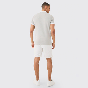 <b>White</b> & Grey Stripe Anti-Pilling Paneled <b>Zip</b> Polo Shirt for Men Premium Quality Streetwear Short Sleeves Slim Fit Polo Shirts - Product Image 2