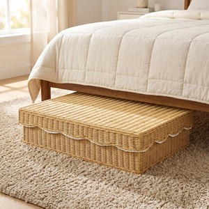Elegant Handwoven Rattan Underbed <b>Storage</b> Organizer With Scalloped Lid, Natural Wicker <b>Clothes</b> Organizer Box For Home & Hotel - Product Image 3