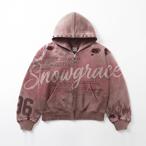 Snowgrace <b>Pink</b> Hooded Zip-Up Sweatshirt <b>Glitter</b> Print Rhinestone Cuffs Unisex Streetwear Regular Fit Winter Wear - Product Image 1
