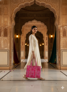 Handcrafted Floral Quilted Cotton <b>Tote</b> <b>Bag</b> Premium Ethnic Indian Block Print <b>Large</b> Capacity Foldable Open Shoulder Handbag Women - Product Image 2