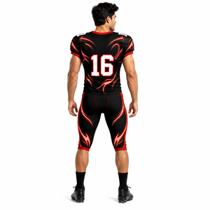 Uniforme de Fútbol Americano Personalizado para Hombre, Negro y Rojo, Impresión por Sublimación, Conjunto de Pantalones y Jersey de Poliéster Transpirable, Número 16 - Product Image 4