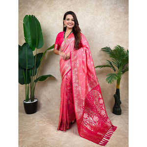 Sari de Seda Tejida Banarasi Jaal Zari Rosa Bebé, Ropa India y Pakistaní de Elite Weaves - Product Image 6
