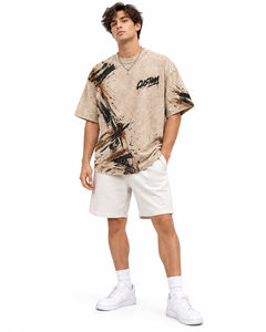 T-shirt Unisexe Oversize Personnalisé en Gros 240 GSM Kaki Beige Délavé à l'Acide avec Imprimé Éclaboussures de Peinture Effet Pinceau Streetwear - Product Image 3
