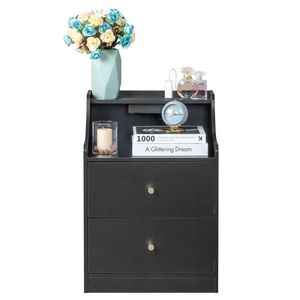 FCH <b>Black</b> Particle Board Nightstand 45*35*63cm Two Drawers with Tapered Matt Gold Handle Triamine 1 Wireless <b>Bedside</b> <b>Table</b> - Product Image 5