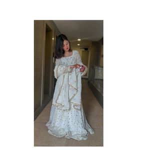 AARIKA TEXTILE Women's Ethnic Salwar Set Faux Georgette FENDY SILK Top <b>Thread</b> Sequencing Four Side Lace Border Micro Cotton - Product Image 1