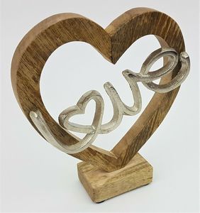 Ornement tendance en métal martelé argenté en forme de cœur LOVE sur base en bois pour mariage, anniversaire, Saint-Valentin, décoration - Product Image 3