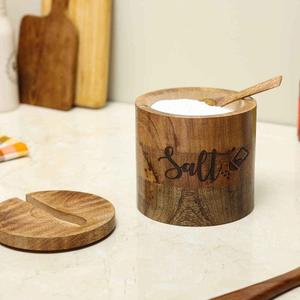 Premium Acacia Wooden Eco-Friendly Salt Box Swivel Magnetic Lid Handmade <b>Kitchen</b> Salt Cellar Spice <b>Storage</b> Container 250mL Spoon - Product Image 1