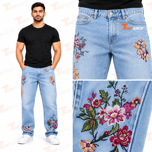 Men's Straight Leg Stonewashed Denim <b>Jeans</b> With <b>Floral</b> Embroidery Regular Fit Mid Waist Casual Spring Style Men Denim Pants - Product Image 4