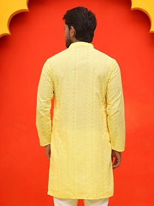 Kurta Amarilla de Algodón para Hombre con Bordado Geométrico, Cuello Alto, Manga Larga, Estilo Étnico, Uso Diario, Verano, Corte Regular - Product Image 4