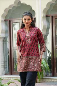 Ensemble Anarkali Kurta imprimé floral avec pantalon et dupatta, collection Kurti court, noir et bordeaux, pour femme, longueur genou, été, 100% coton - Product Image 3