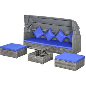 "4PC Outdoor Rattan <b>Sofa</b> Set W/Height Adj Table & <b>Waterproof</b> Cushions-Dark Blue" - Product Image 1