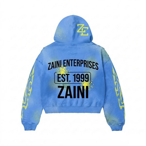 Sudadera con capucha y cremallera de felpa de mezcla de algodón de 430 GSM, lavado ácido, azul, con logotipo bordado personalizado OEM - Product Image 2