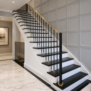 Escalera moderna en blanco y negro con pasamanos dorados, escaleras interiores de lujo con barandilla metálica para diseño de interiores de villas y casas. - Product Image 3