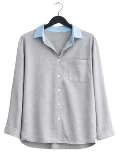 Ensemble deux pièces décontracté pour femme : chemise gris clair et pantalon gris foncé à jambes larges, en coton et lin, coupe ample, vêtements d'été, OEM - Product Image 1