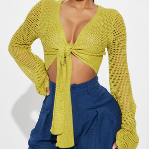 Nuevo Cárdigan de Mujer Casual de Ganchillo con Mangas Largas Sexys, Moda Otoñal, Diseño Sólido Antiarrugas, Top de Punto con Lazo Frontal - Product Image 3