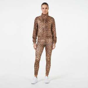 Women Leopard Print Tracksuit Full Length Zipper Jacket Jogger <b>Pants</b> Sporty Fit <b>Spandex</b> Polyester Quick Dry Spring Wear - Product Image 1