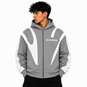 Sweat à capuche zippé gris et blanc de qualité supérieure |   Sweat à capuche streetwear avec masque intégré |   Vêtements d'extérieur unisexes à la mode avec masque intégré 100% coton - Product Image 3