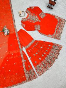 Traje Sharara de Georgette Sintética Premium con Cordón, Lentejuelas, Bordado de Hilo y Perlas, con Dupatta, Estilo Festivo - Product Image 3