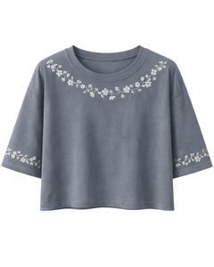 เสื้อยืดครอปสีน้ำเงินสเลทสำหรับผู้หญิง ปักลายดอกไม้ แขนสั้น สไตล์ลำลอง แฟชั่น ผ้าคอตตอนผสม เนื้อนุ่ม เสื้อผู้หญิงสำหรับฤดูร้อน ขายส่ง - Product Image 1