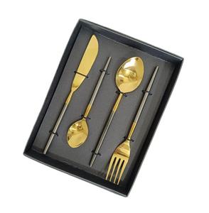 Ensemble de service élégant en or, quatre pièces, ustensiles de table en acier inoxydable de qualité supérieure, poignées texturées, passe au lave-vaisselle, boîte de présentation. - Product Image 6