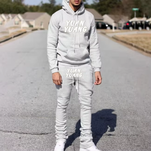 Ensemble survêtement homme personnalisé en molleton bouclette 500 g/m² de luxe avec impression en relief, pantalon évasé et sweat à capuche, 100 % coton - Product Image 1