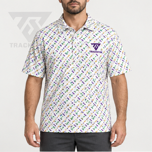 Polo pour homme Trackstar, blanc, imprimé géométrique multicolore, manches courtes, col boutonné, chemise de golf, logo personnalisé - Product Image 1