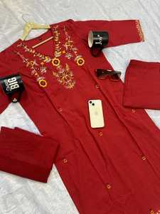 Designer 100% Cotton Red Embroidered Women Suit with Kurta Pant <b>Dupatta</b> for Wholesale Buyers - Product Image 5
