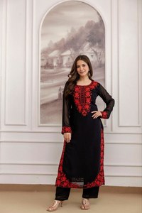 <b>Black</b> Red Embroidered Kurti <b>Pant</b> Dupatta Set <b>Women</b> Traditional Ethnic Wear Floor Length Loose Fit Party Outfit India Pakistan - Product Image 2