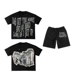 Conjunto de Camiseta y Pantalones Cortos de Algodón Grueso de 280 g/m² para Hombre, Estampado Gráfico Negro, Logotipo DTF Personalizado, Corte Holgado, Conjunto Deportivo de 2 Piezas - Product Image 6