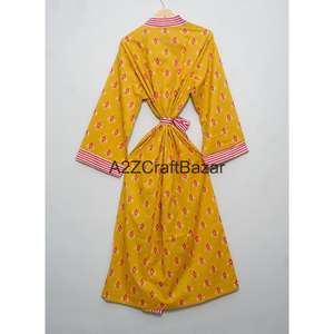 Bata Kimono de Algodón Suave para Mujer con Estampado Artesanal, Cuello en V, Manga Tres Cuartos, Largo Completo, Cierre con Cordón, Transpirable y de Secado Rápido - Product Image 5