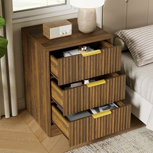 Nordic <b>Minimalist</b> Ruffled <b>Bedside</b> <b>Table</b> with Three Drawers Large Capacity Storage Walnut Golden Handles - Product Image 4