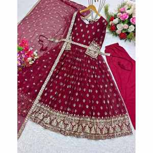 Vestido de Fiesta con Bordado de Georgette y Lentejuelas con Pantalón y Dupatta en Color Granate - Product Image 3