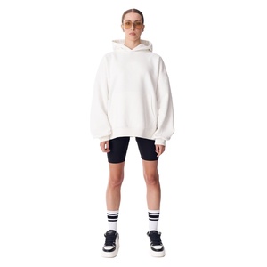 <b>Women's</b> Oversized <b>Hoodie</b> Solid <b>White</b> Drop Shoulder Sweatshirt with Kangaroo Pocket Front Logo 100% Cotton Eco-Friendly - Product Image 2