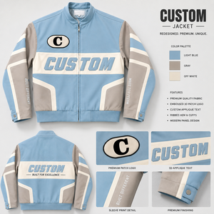 เสื้อแจ็คเก็ตผู้ชายแบบสั่งทำพิเศษ สีบล็อก น้ำเงินอ่อน เทา ครีม คอปกมอเตอร์ไซค์ พิมพ์ลายตัวอักษรแบบวาร์ซิตี้ เสื้อโค้ทมอเตอร์ครอส ขายส่ง - Product Image 6
