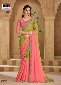 Sari indien de fabrication indienne et à prix de gros pour les occasions festives et les mariages, avec broderies lourdes et travail de cordonnet. - Product Image 6