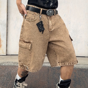 Shorts en jean baggy à coutures renforcées pour hommes, style streetwear, avec logo personnalisé, coupe ample et résistante - Product Image 1