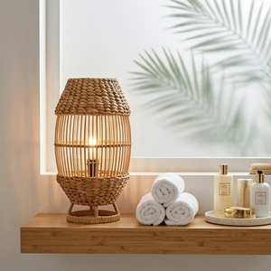 Lámpara de mesa de ratán tejida a mano con jacinto de agua natural, Tya Loka Wood And Soul, decoración rústica bohemia para el hogar, accesorio de iluminación interior. - Product Image 6