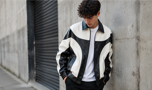 Chaqueta Bomber de Cuero Sintético Negra y Blanca para Hombre BNSB SPORTS, con Bloques de Color, Cierre Frontal con Cremallera, Puños Acanalados, Ropa Casual de Calle, Prenda Exterior de Invierno - Product Image 5