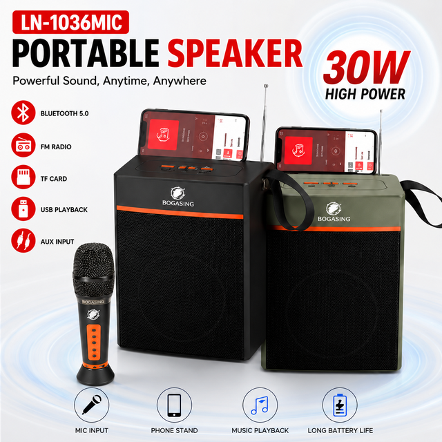 LN-1036MIC Portable Speaker with Microphone Input 30W Karaoke Machine Phone Holder Wireless Soundbox Wholesale