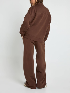 Conjunto de 2 piezas de ropa de otoño/invierno para mujer: Chaqueta de algodón con cremallera y hombros caídos y pantalón holgado de doble cintura. - Product Image 6