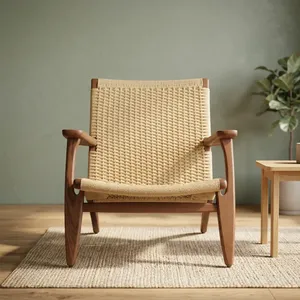 Sillón Vintage de Madera con Asiento y Respaldo de Cuerda Tejida a Mano, Estructura de Madera Natural, Cómodo Sillón para Interiores y Exteriores - Product Image 4