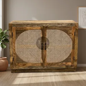 Mueble de Almacenamiento Vintage de Madera con Puertas Dobles de Mimbre Tejido a Mano, Acabado Rústico Natural, Mueble Hecho a Mano para Dormitorio - Product Image 3