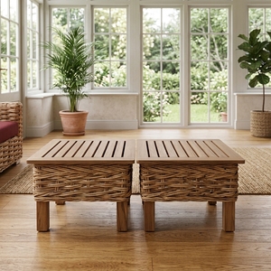 Nouvel ensemble de table à manger moderne et minimaliste en rotin, plateau en lattes de bois naturel, table de salle à manger carrée en osier épais pour patio et café - Product Image 2