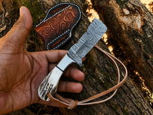 Cuchillo vaquero pequeño hecho a mano de acero de Damasco con mango de asta de ciervo, cuchillo Skinner para desollar, regalo para él, regalo de boda, regalos para hombres - Product Image 2