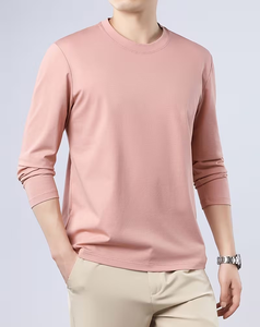 Men's Long Sleeve O Neck Solid Pink Polyester/Cotton Blend Knitted 180g Breathable Regular Fit Casual Wear Front Logo T-Shirt - Product Image 2