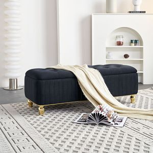 47.24 ''w nero di velluto di stoccaggio Ottoman cerniera di sicurezza oro striscia di decorazione oro ricamo panca poggiapiedi per soggiorno camera da letto - Product Image 1