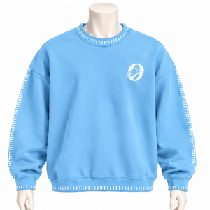 Mens Sky Blue <b>Stitched</b> Border Distressed Crewneck Sweatshirt <b>Oversized</b> Pullover Long Sleeve Casual Streetwear Sports Fashion Top - Product Image 1