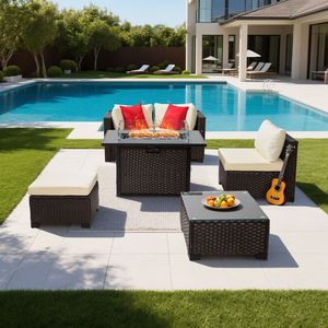 Set di Mobili da Esterno in Rattan Intrecciato da 6 Pezzi con Tavolo con Braciere a Propano da 50.000 BTU e Area Conversazione Sezionale - Product Image 1